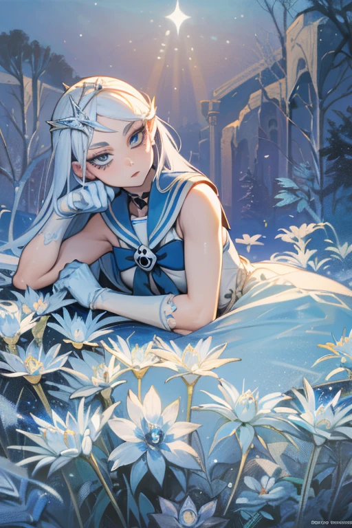 ((best quality)), ((official art)), ((masterpiece)), textile shading, ((ultra-detailed)), solo, full color, (1girl, solo, bssmsuperoutfit, circlet, white leotard,,blue sailor collar, sleeveless, heart brooch, miniskirt, white gloves, hairstyle, hairlength , detailed face, (full body:1.1)), (in nature) (best quality, highres, ice skull:1.1), ice skull, girl style, thick body art, detailed facial features, icy blue eyes, glossy lips, long eyelashes, porcelain skin, blue and silver color scheme, intricate skull design, realistic texture, vibrant colors, elaborate background, mysterious atmosphere, frozen garden, snow-covered trees, sparkling ice crystals, surreal lighting, fantasy elements