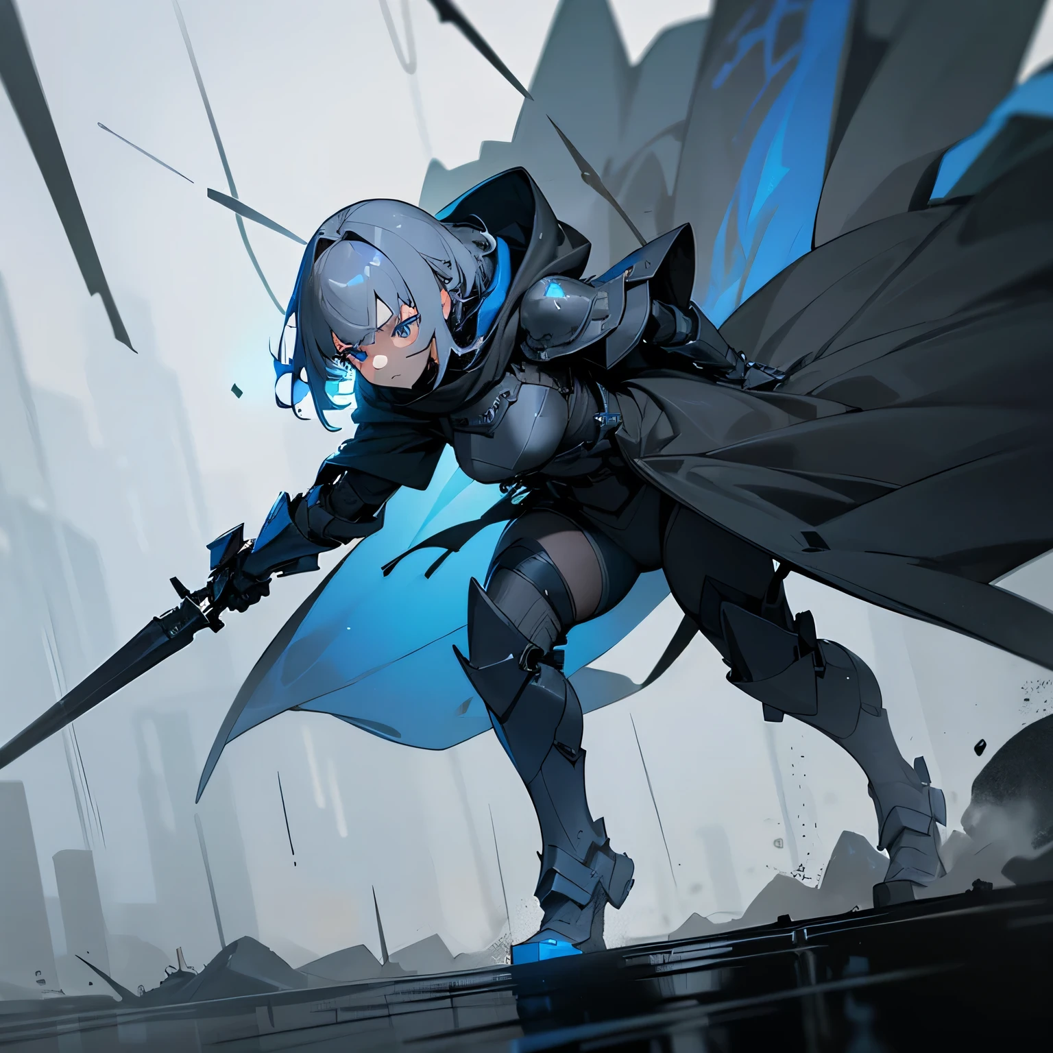 advance armored girl, Gray hood and cloak, dark space battlefield background, Heavy rain, short smoke colored hair, Beautiful eyes glowing blue, (full body shot), The simple armor plate had blue glowing lines., gloomy environment, Highly detailed face, Mask in advance, fierce war,