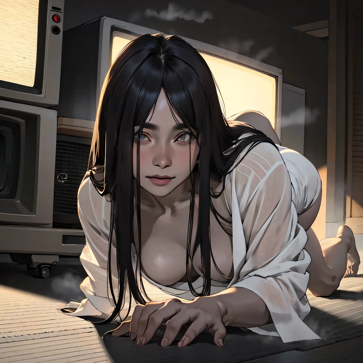 (masterpiece:1.3), (8k, Realistic, RAW Photos, highest quality: 1.4), (1 Japanese adult woman), ((Sadako)), Beautiful Face, (Realistic Face), (Black hair straight, Long Hair:1.5), Beautiful hairstyle, ((The face is hidden by bangs:1.3)), Realistic eyes, ((White of the eyes:1.2)), Beautiful fine details, (Realistic Skin), Beautiful Skin, ((White skin:1.4)), Absurd, Charm, Ultra-high resolution, Ultra-realistic, Very detailed, Golden Ratio, (Curse Video), ((Crawling out of a CRT TV)), (Cleavage), Four and a half tatami mat Japanese-style room, (steam:1.0)