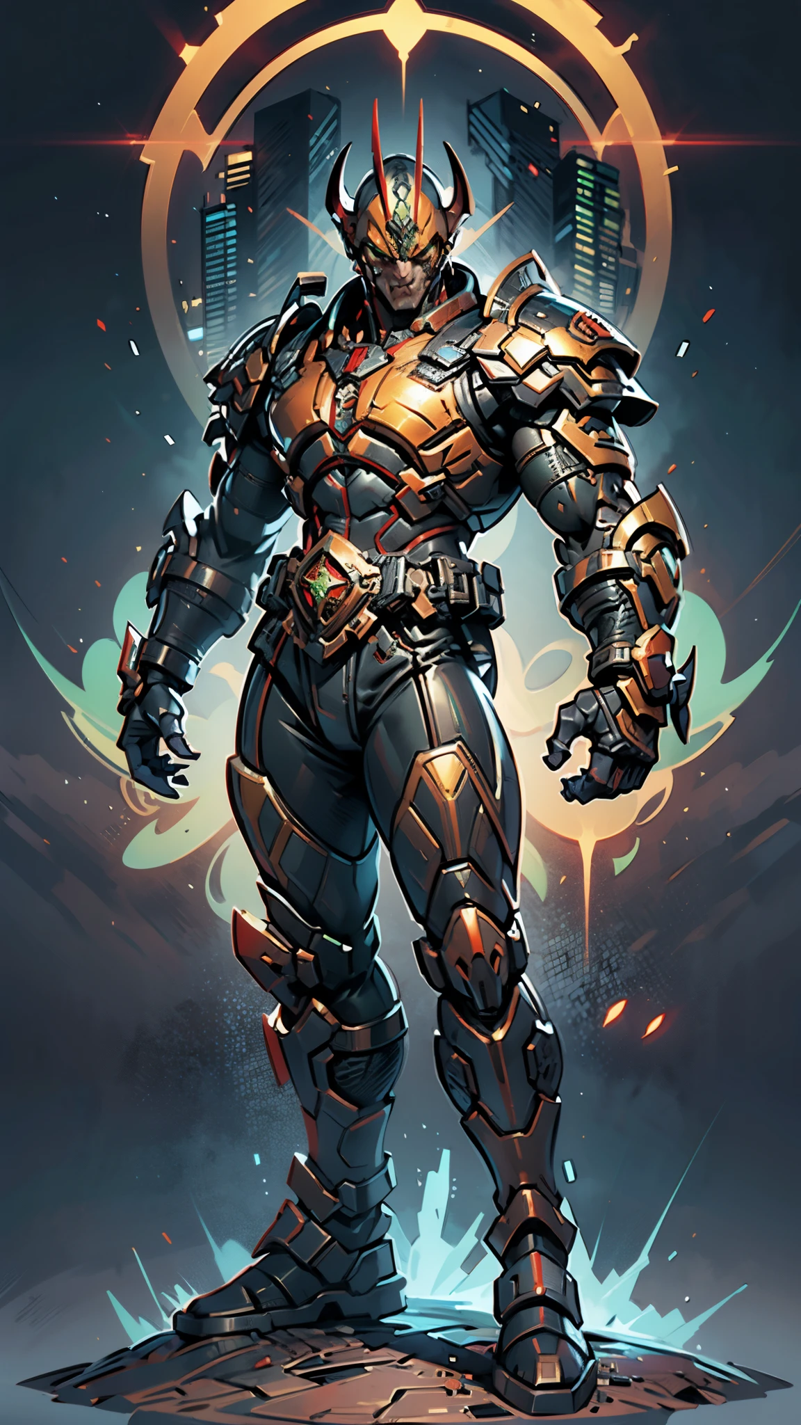 A man wearing a full-face helmet, a fantasy-style biotech armored combat suit, green eyes, (a composite layered chest armor), fully enclosed shoulder guards, matching arm and leg guards, the belt is adorned with fangs biting into orbs, (the color scheme is primarily black with red accents), the design balances heavy with agility, a high-tech bio-mecha armor, (Bat concept Armor, stand on the top of a skyscraper in a futuristic sci-fi city), this character embodies a finely crafted fantasy-surreal style armored hero in anime style, exquisite and mature manga art style, (element, plasma, energy, the armor glows), ((male:1.5)), metallic, real texture material, dramatic, high definition, best quality, highres, ultra-detailed, ultra-fine painting, extremely delicate, professional, perfect body proportions, golden ratio, anatomically correct, symmetrical face, extremely detailed eyes and face, high quality eyes, creativity, RAW photo, UHD, 32k, Natural light, cinematic lighting, masterpiece-anatomy-perfect, masterpiece:1.5