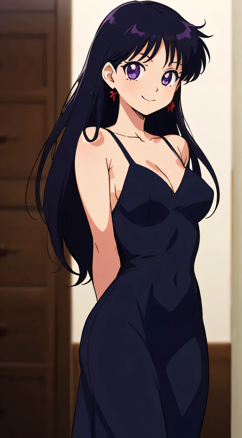 masterpiece, best quality, 1girl, solo, facing viewer, (art by Naoko Takeuchi), EPsmSailorMars, purple eyes, black hair, very long hair
close-up, apartment, evening, arms behind back, smile, bare shoulders, bare neck, red maxi dress,