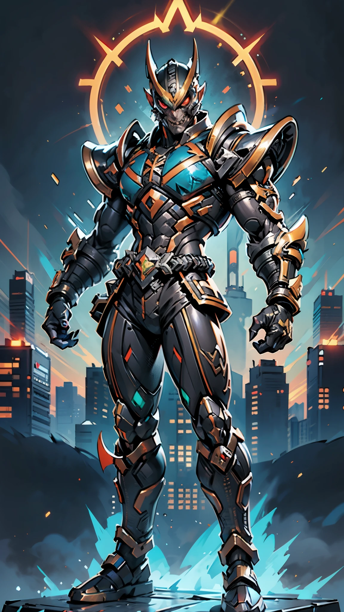 A man wearing a full-face helmet, a fantasy-style biotech armored combat suit, green eyes, (a composite layered chest armor), fully enclosed shoulder guards, matching arm and leg guards, the belt is adorned with fangs biting into orbs, (the color scheme is primarily black with red accents), the design balances heavy with agility, a high-tech bio-mecha armor, (Bat concept Armor, stand on the top of a skyscraper in a futuristic sci-fi city), this character embodies a finely crafted fantasy-surreal style armored hero in anime style, exquisite and mature manga art style, (element, plasma, energy, the armor glows), ((male:1.5)), metallic, real texture material, dramatic, high definition, best quality, highres, ultra-detailed, ultra-fine painting, extremely delicate, professional, perfect body proportions, golden ratio, anatomically correct, symmetrical face, extremely detailed eyes and face, high quality eyes, creativity, RAW photo, UHD, 32k, Natural light, cinematic lighting, masterpiece-anatomy-perfect, masterpiece:1.5