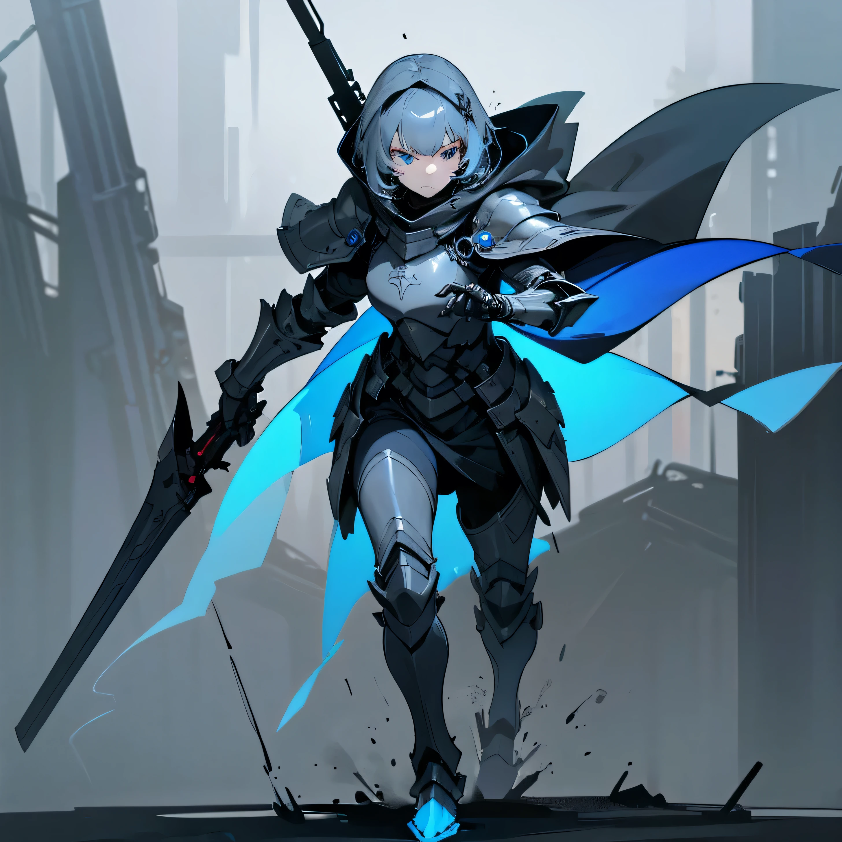 advance armored girl, Gray hood and cloak, dark space battlefield background, Heavy rain, short smoke colored hair, Beautiful eyes glowing blue, (full body shot), The simple armor plate had blue glowing lines., gloomy environment, Highly detailed face, Mask in advance, fierce war,