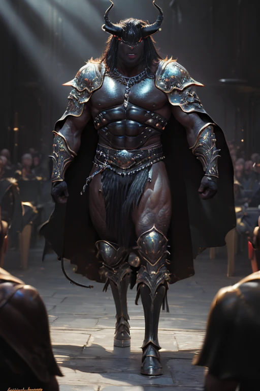 (master piece:1.5), (best quality:1.5), (exquisite lighting and shadow, highly dramatic picture, cinematic lens effect) (Photorealistic picture) highly detailed, realistic, cinematic lighting, studio quality, 8k, wallpaper, dynamic pose, anatomy correct, epic fantasy digital art, Epic composition, full body big muscular black minotaur with long large demon horns, wearing a black armor and black cape