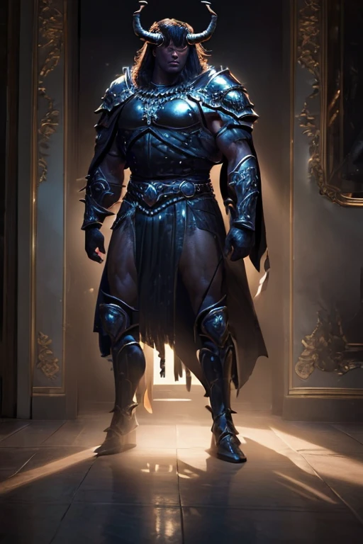 (master piece:1.5), (best quality:1.5), (exquisite lighting and shadow, highly dramatic picture, cinematic lens effect) (Photorealistic picture) highly detailed, realistic, cinematic lighting, studio quality, 8k, wallpaper, dynamic pose, anatomy correct, epic fantasy digital art, Epic composition, full body big muscular black minotaur with long large demon horns, wearing a black armor and black cape
