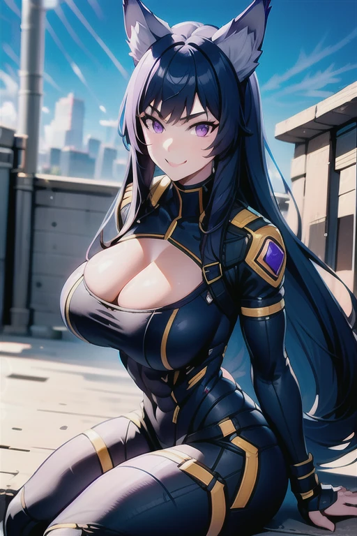 best quality, masterprice, 1girl, (solo:1.1), raytracing, ultra detailed,detailed face, 8k wallpaper, gigantic breasts, smile, wide hips, six pack abs, (neocoill:0.8), outdoor, sitting, dynamic pose, outdoor,  DeltaNDV, long hair, animal ears, purple eyes, bangs, wolf ears, looking at viewer, wolf tail, bodysuit, tight clothes, showing her ass,