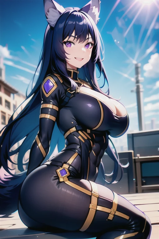 best quality, masterprice, 1girl, (solo:1.1), raytracing, ultra detailed,detailed face, 8k wallpaper, gigantic breasts, smile, wide hips, six pack abs, (neocoill:0.8), outdoor, sitting, dynamic pose, outdoor,  DeltaNDV, long hair, animal ears, purple eyes, bangs, wolf ears, looking at viewer, wolf tail, bodysuit, tight clothes, showing her ass,