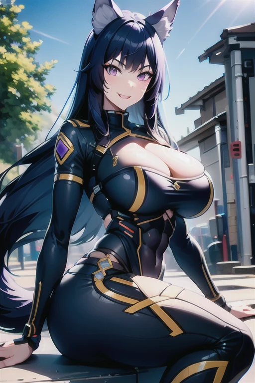 best quality, masterprice, 1girl, (solo:1.1), raytracing, ultra detailed,detailed face, 8k wallpaper, gigantic breasts, smile, wide hips, six pack abs, (neocoill:0.8), outdoor, sitting, dynamic pose, outdoor,  DeltaNDV, long hair, animal ears, purple eyes, bangs, wolf ears, looking at viewer, wolf tail, bodysuit, tight clothes, showing her ass,