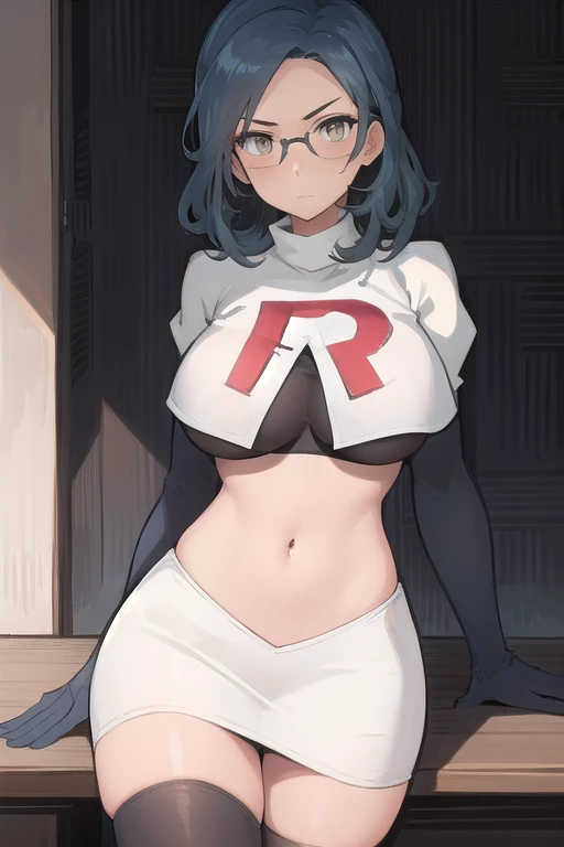 best quality, (masterpiece:1.2), illustration, absurdres,  
(1girl), (solo), (beautiful detailed girl),
Sonya Baelz, blue hair, medium hair, grey eyes, large breasts, half-frame glasses, gray glasses,
team rocket,team rocket uniform,white skirt,red letter R,crop top,black thigh-highs,black elbow gloves,
looking at viewer, serious,