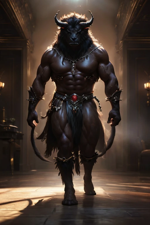 (master piece:1.5), (best quality:1.5), (exquisite lighting and shadow, highly dramatic picture, cinematic lens effect) (Photorealistic picture) highly detailed, realistic, cinematic lighting, studio quality, 8k, wallpaper, dynamic pose, anatomy correct, epic fantasy digital art, Epic composition, full body big muscular black furry minotaur with long large demon horns