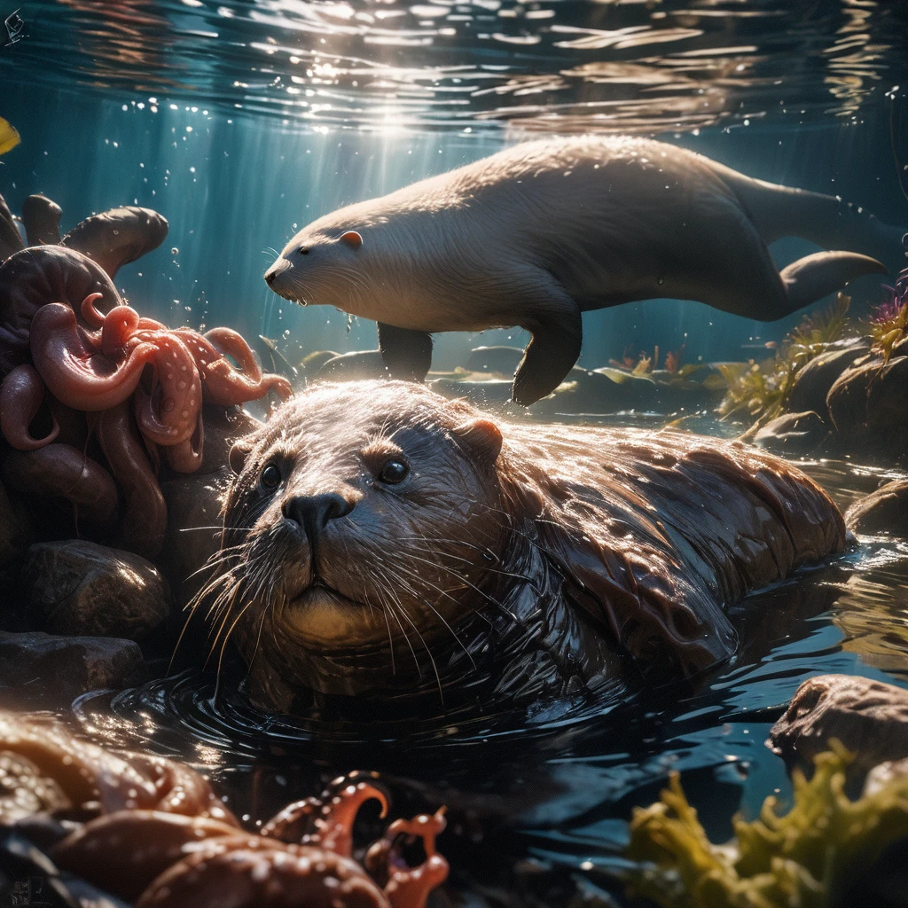 (best quality,4k,8k,highres,masterpiece:1.2),ultra-detailed,(realistic,photorealistic,photo-realistic:1.37),a playful Otter with a captured Octopus,underwater scene,dramatic lighting,natural colors,bubbling water,ripples in the water,reflections of light on the water surface,expressive eyes of the otter,detailed fur texture of the otter,wet and shiny fur of the otter,curved and graceful tentacles of the octopus,tentacles wrapped around the otter's paws and body,tentacles releasing ink clouds,otter's playful expression,joyful and carefree atmosphere,a few small fishes swimming nearby,seaweed and rocks on the seabed,underwater plants swaying in the current,clear visibility in the water,depth and perspective in the scene