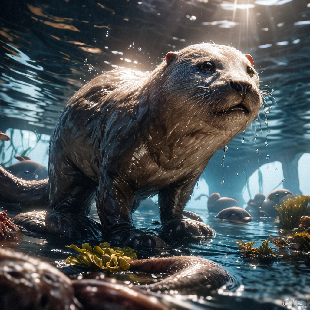 (best quality,4k,8k,highres,masterpiece:1.2),ultra-detailed,(realistic,photorealistic,photo-realistic:1.37),a playful Otter with a captured Octopus,underwater scene,dramatic lighting,natural colors,bubbling water,ripples in the water,reflections of light on the water surface,expressive eyes of the otter,detailed fur texture of the otter,wet and shiny fur of the otter,curved and graceful tentacles of the octopus,tentacles wrapped around the otter's paws and body,tentacles releasing ink clouds,otter's playful expression,joyful and carefree atmosphere,a few small fishes swimming nearby,seaweed and rocks on the seabed,underwater plants swaying in the current,clear visibility in the water,depth and perspective in the scene