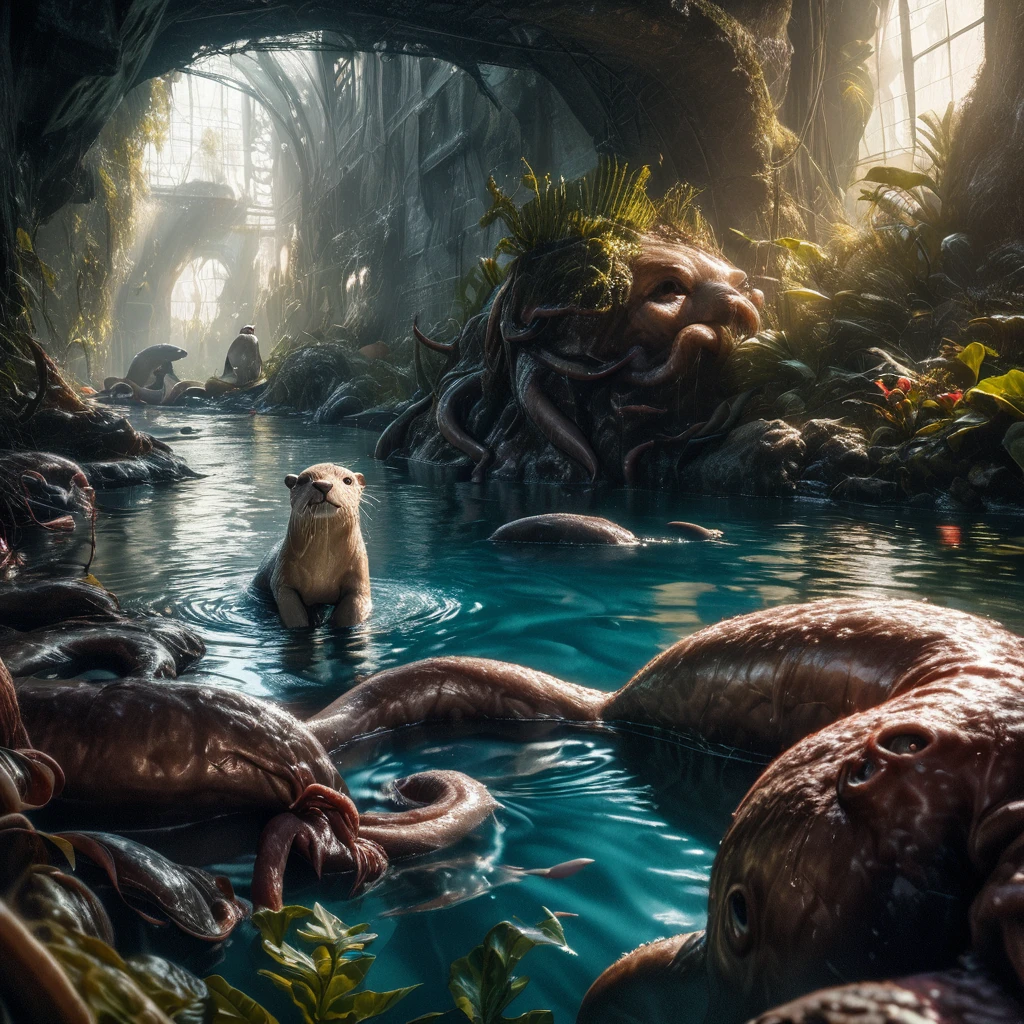 (best quality,4k,8k,highres,masterpiece:1.2),ultra-detailed,(realistic,photorealistic,photo-realistic:1.37),a playful Otter with a captured Octopus,underwater scene,dramatic lighting,natural colors,bubbling water,ripples in the water,reflections of light on the water surface,expressive eyes of the otter,detailed fur texture of the otter,wet and shiny fur of the otter,curved and graceful tentacles of the octopus,tentacles wrapped around the otter's paws and body,tentacles releasing ink clouds,otter's playful expression,joyful and carefree atmosphere,a few small fishes swimming nearby,seaweed and rocks on the seabed,underwater plants swaying in the current,clear visibility in the water,depth and perspective in the scene