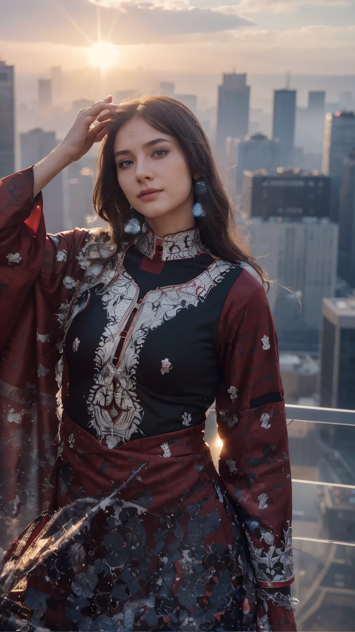 (1girl:1.3), Solo, (((Very detailed face)))), ((Very detailed eyes and face)))), Beautiful detail eyes, Body parts__, Official art, Unified 8k wallpaper, Super detailed, beautiful and beautiful, beautiful, masterpiece, best quality, original, masterpiece, super fine photo, best quality, super high resolution, realistic realism, sunlight, full body portrait, amazing beauty, dynamic pose, delicate face, vibrant eyes, (from the front), She wears Spider-Man suit, red and black color scheme, spider, very detailed city roof background, rooftop, overlooking the city, detailed face, detailed complex busy background, messy, gorgeous, milky white, highly detailed skin, realistic skin details, big open arm , mature figure , visible pores, clear focus, volumetric fog, 8k uhd, DSLR, high quality, film grain, fair skin, photo realism, lomography, futuristic dystopian megalopolis, translucent
INFO