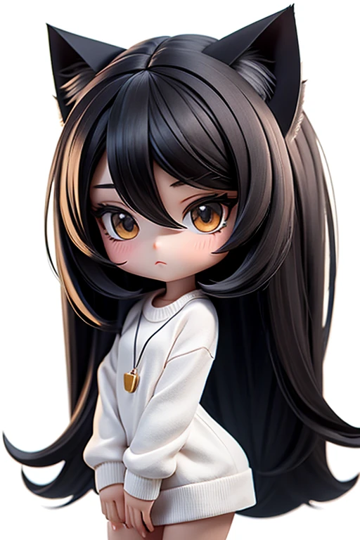 straight hair,black hair,white background,long hair,simple background,solo,1 girl,Cat ear,face forward. head only