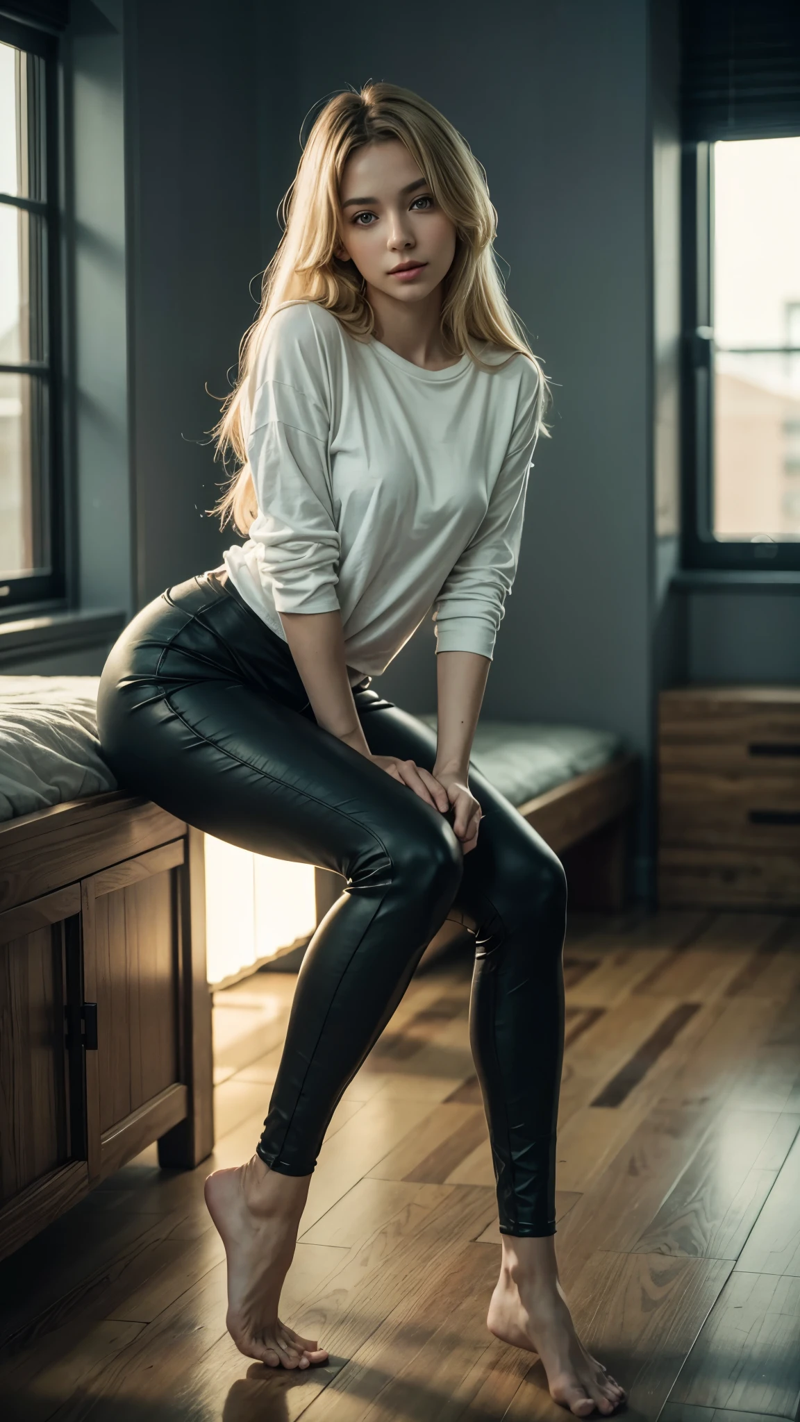 1 girl, 25 years old, Blonde,Delicate face, Exquisite eyes, Exquisite facial features, sweet smile, ((long T shirt)),tight yoga long trousers,Small chest,((Full body shot:1.2)), in the room,Sexy pose, Random pose,Random color of clothes, ((Super Detail, best quality:1.4, masterpiece:1.2, super detail)), high detail, ray tracing, award winning, best quality, award winning, masterpiece, super detail, HD, 8k, UHD
