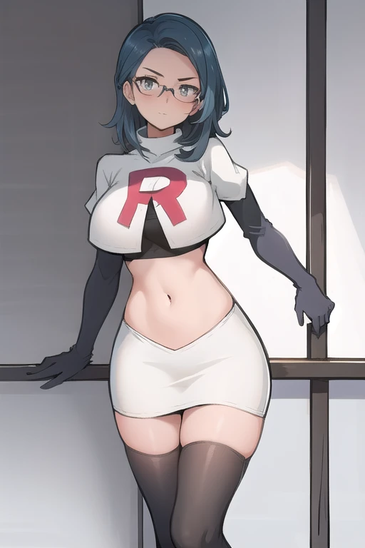 best quality, (masterpiece:1.2), illustration, absurdres,
(1girl), (solo), (beautiful detailed girl),
Sonya Baelz, blue hair, medium hair, grey eyes, large breasts, half-frame glasses, gray glasses,
team rocket,team rocket uniform,white skirt,red letter R,crop top,black thigh-highs,black elbow gloves,
looking at viewer, serious,