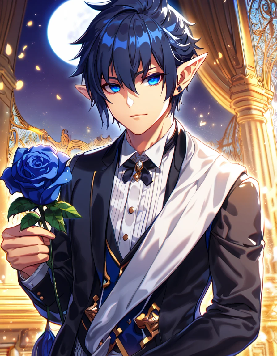 (absurdres, highres, ultra detailed, HDR), masterpiece, best quality, Ciel, sexy man, solo, handsome, dark blue hair, vibrant blue eyes, pointed ears, Elsword, finely eye and detailed face, blue roses, moon, butler clothes, mature face