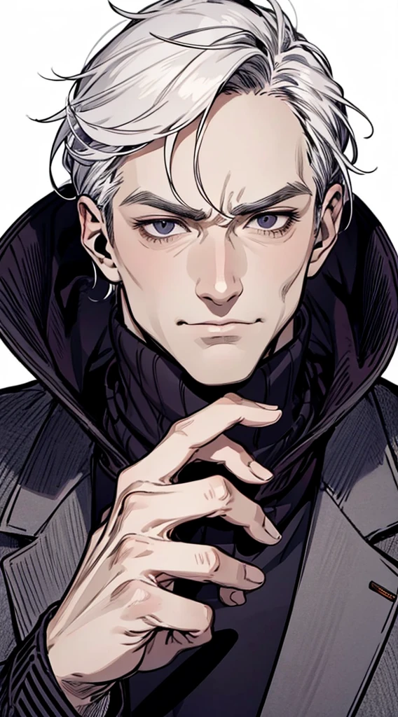 1man, Face Focus, [[[[[[[A old man]]]]]]], frontage,[[[Standing Picture]]],[[[[full bodyesbian]]]],jaket、turtle neck,top-quality, adopt, A detailed face, simple background、white backgrounid、[[[White hair]]]、[[[black eyes]]]、Straight face