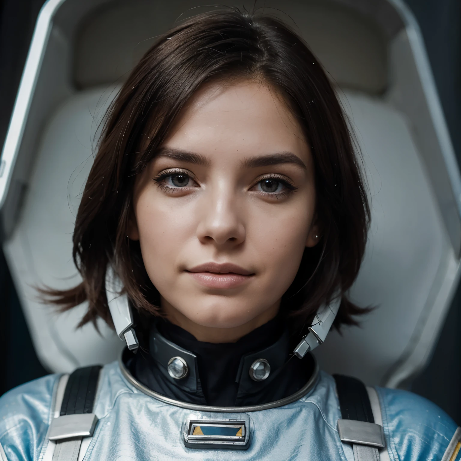 Astronauta mujer con cabello plateado y ojos brillantes como estrellas