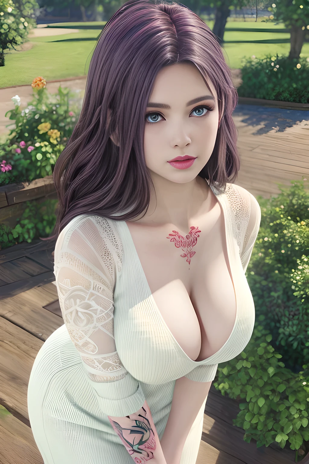 1girl, in a garden, white knit dress, appealing cleavage,( beautiful tattoo:1.2), overhead view, beautiful detailed eyes, beautiful detailed lips, extremely detailed eyes and face, long eyelashes, greenery around, blooming flowers, bright sunlight, shady trees, outdoor setting, feminine charm, detailed texture, snug fit, fashionable, soft fabric, radiant skin, (best quality,4k,8k,highres,masterpiece:1.2), ultra-detailed, (realistic,photorealistic,photo-realistic:1.37), elise,