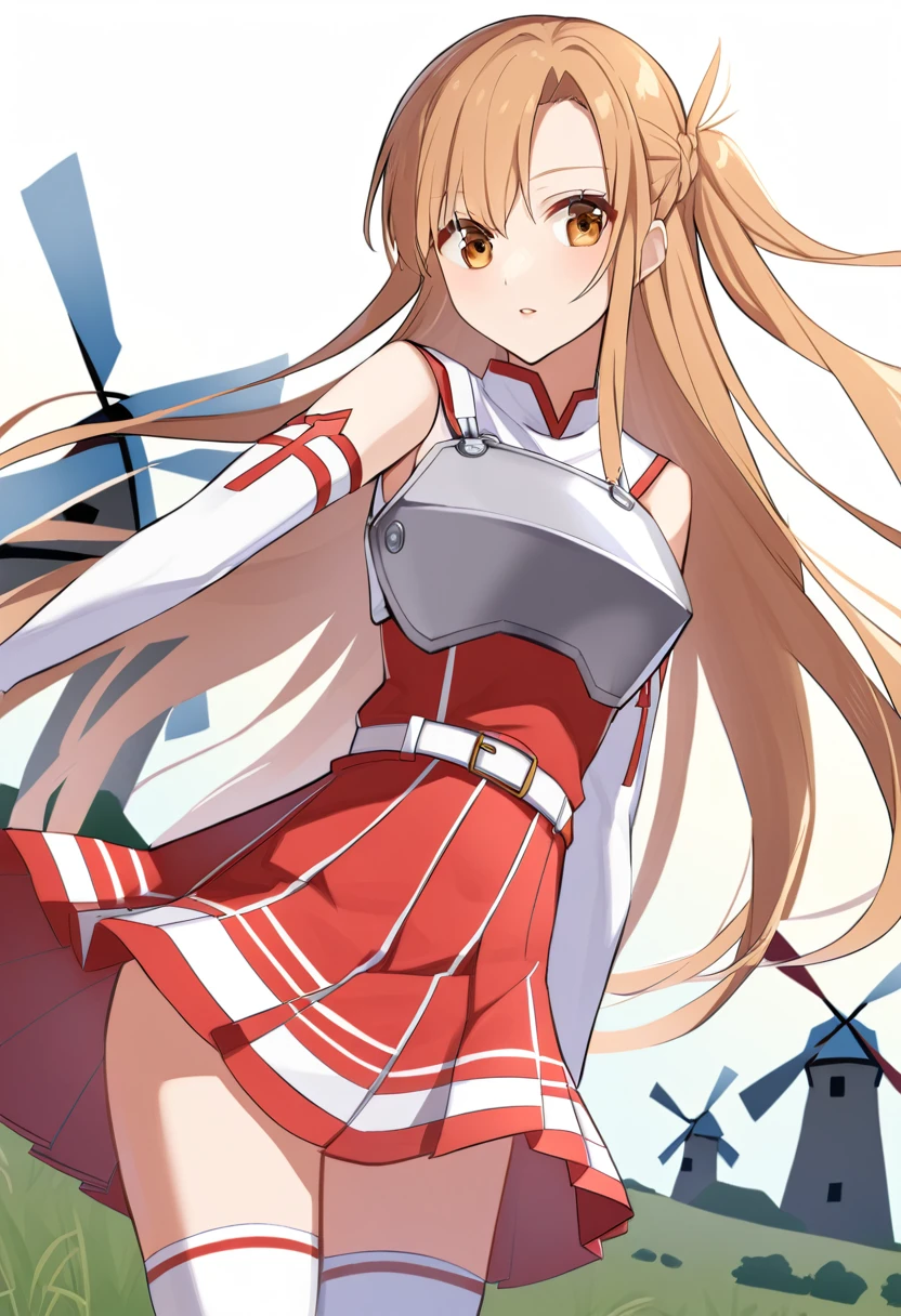 Asuna_\(star\), length_hair, skirt, red_skirt, independent_sleeve, windmill, white_Knee socks, Brown_hair, Brown_eye, breastplate, alone, Pleats_skirt, miniskirt,white_belt