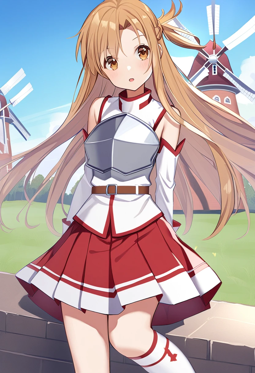 Asuna_\(star\), length_hair, skirt, red_skirt, independent_sleeve, windmill, white_Knee socks, Brown_hair, Brown_eye, breastplate, alone, Pleats_skirt, miniskirt,white_belt
