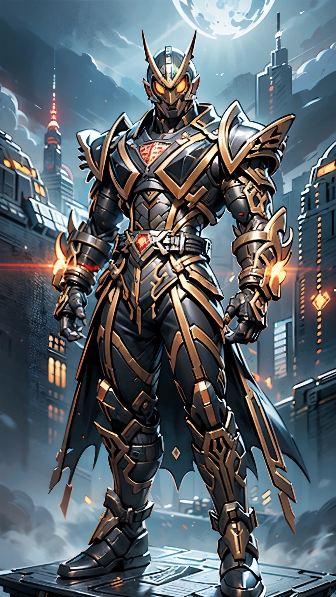 A man wearing a full-face helmet, a fantasy-style biotech armored combat suit, green eyes, (a composite layered chest armor), fully enclosed shoulder guards, matching arm and leg guards, the belt is adorned with fangs biting into orbs, (the color scheme is primarily black with red accents), the design balances heavy with agility, a high-tech bio-mecha armor, (Bat concept Armor, stand on the top of a skyscraper in a futuristic sci-fi city), this character embodies a finely crafted fantasy-surreal style armored hero in anime style, exquisite and mature manga art style, (element, plasma, energy, the armor glows), ((male:1.5)), metallic, real texture material, dramatic, high definition, best quality, highres, ultra-detailed, ultra-fine painting, extremely delicate, professional, perfect body proportions, golden ratio, anatomically correct, symmetrical face, extremely detailed eyes and face, high quality eyes, creativity, RAW photo, UHD, 32k, Natural light, cinematic lighting, masterpiece-anatomy-perfect, masterpiece:1.5