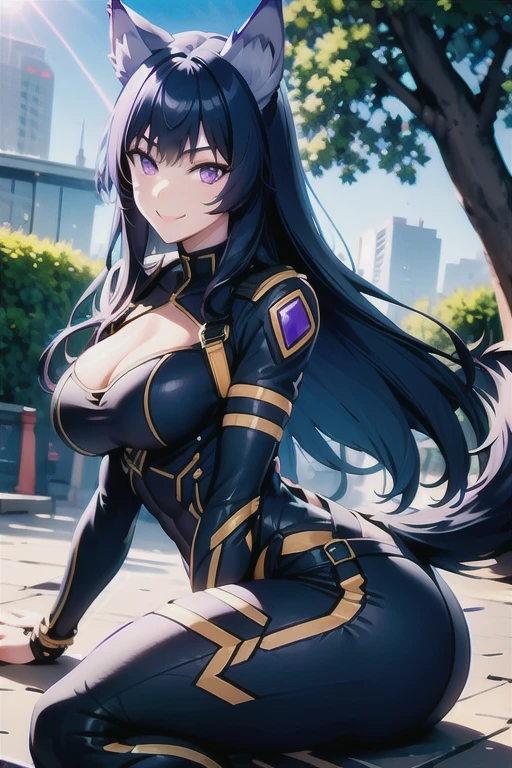 best quality, masterprice, 1girl, (solo:1.1), raytracing, ultra detailed,detailed face, 8k wallpaper, large breasts, smile, wide hips, six pack abs, (neocoill:0.8), outdoor, sitting, dynamic pose, outdoor, DeltaNDV, long hair, animal ears, purple eyes, bangs, wolf ears, looking at viewer, wolf tail, bodysuit, tight clothes, showing her ass,