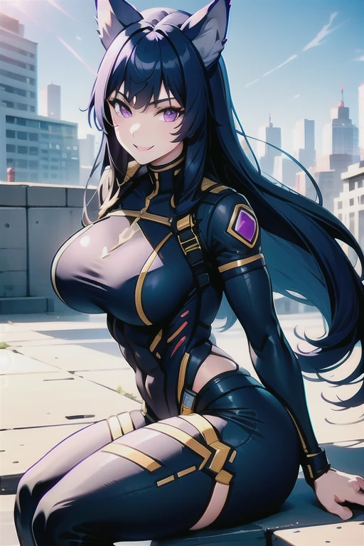 best quality, masterprice, 1girl, (solo:1.1), raytracing, ultra detailed,detailed face, 8k wallpaper, large breasts, smile, wide hips, six pack abs, (neocoill:0.8), outdoor, sitting, dynamic pose, outdoor,  DeltaNDV, long hair, animal ears, purple eyes, bangs, wolf ears, looking at viewer, wolf tail, bodysuit, tight clothes, showing her ass,