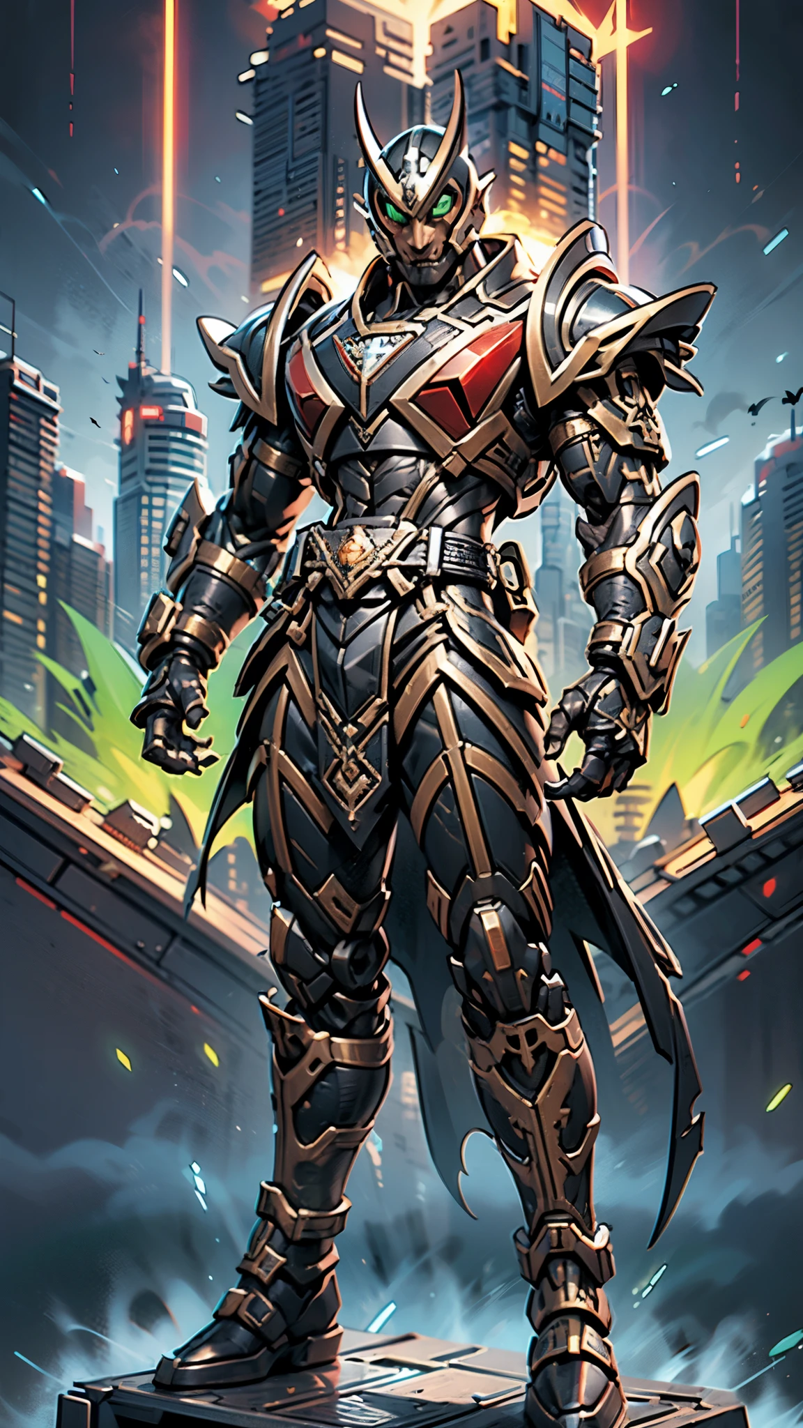 A man wearing a full-face helmet, a fantasy-style biotech armored combat suit, green eyes, (a composite layered chest armor), fully enclosed shoulder guards, matching arm and leg guards, the belt is adorned with fangs biting into orbs, (the color scheme is primarily black with red accents), the design balances heavy with agility, a high-tech bio-mecha armor, (Bat concept Armor, stand on the top of a skyscraper in a futuristic sci-fi city), this character embodies a finely crafted fantasy-surreal style armored hero in anime style, exquisite and mature manga art style, (element, plasma, energy, the armor glows), ((male:1.5)), metallic, real texture material, dramatic, high definition, best quality, highres, ultra-detailed, ultra-fine painting, extremely delicate, professional, perfect body proportions, golden ratio, anatomically correct, symmetrical face, extremely detailed eyes and face, high quality eyes, creativity, RAW photo, UHD, 32k, Natural light, cinematic lighting, masterpiece-anatomy-perfect, masterpiece:1.5