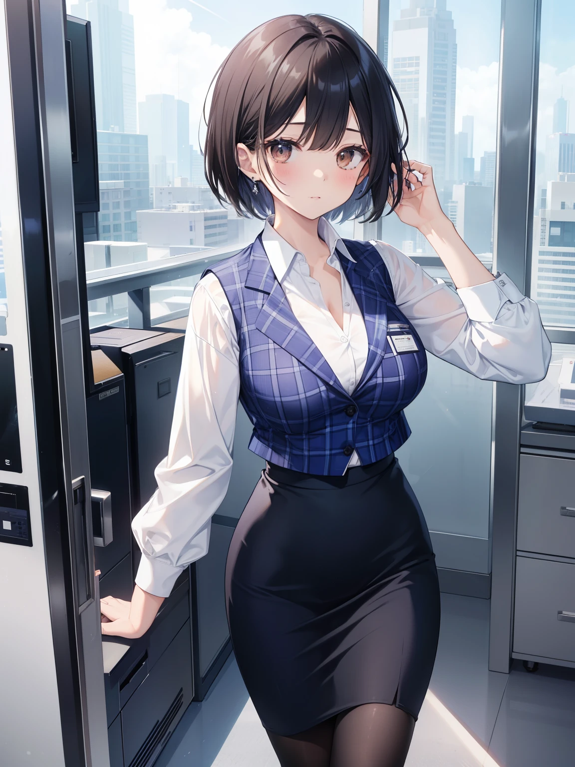 highest quality, Flying debris、Beautiful woman、officeレディー、Black Hair、(Brown eyes、Big Breasts)、short hair、チェック柄のダークブルーのofficeスーツ)、new employee,Full Body Shot、Female office lady、break(Dark blue checked vest、White dress shirt、Navy blue long tight pencil skirt:1.2)、(black tights、High heels)、break(office:1.3)、Cleavage、Unbutton your shirt