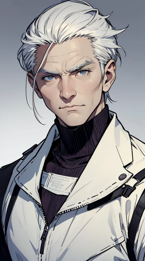 1man, Face Focus, [[[[[[[A old man]]]]]]], frontage,[[[Standing Picture]]],[[[[full bodyesbian]]]],jaket、turtle neck,top-quality, adopt, A detailed face, simple background、white backgrounid、[[[White hair]]]、[[[black eyes]]]、Straight face