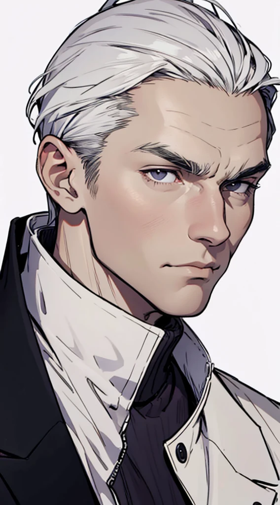 1man, Face Focus, [[[[[[[A old man]]]]]]], frontage,[[[Standing Picture]]],[[[[full bodyesbian]]]],jaket、turtle neck,top-quality, adopt, A detailed face, simple background、white backgrounid、[[[White hair]]]、[[[black eyes]]]、Straight face