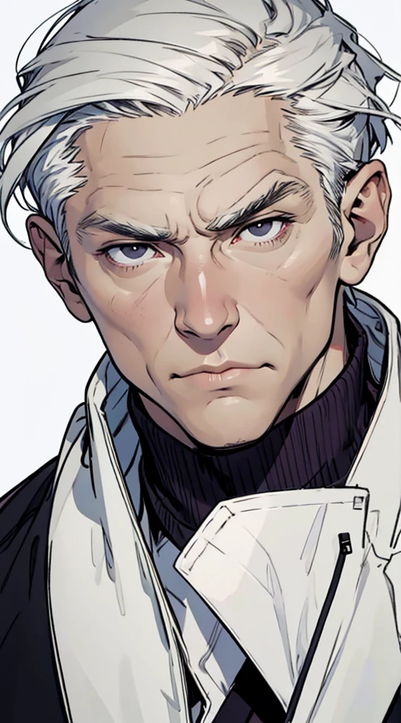 1man, Face Focus, [[[[[[[A old man]]]]]]], frontage,[[[Standing Picture]]],[[[[full bodyesbian]]]],jaket、turtle neck,top-quality, adopt, A detailed face, simple background、white backgrounid、[[[White hair]]]、[[[black eyes]]]、Straight face