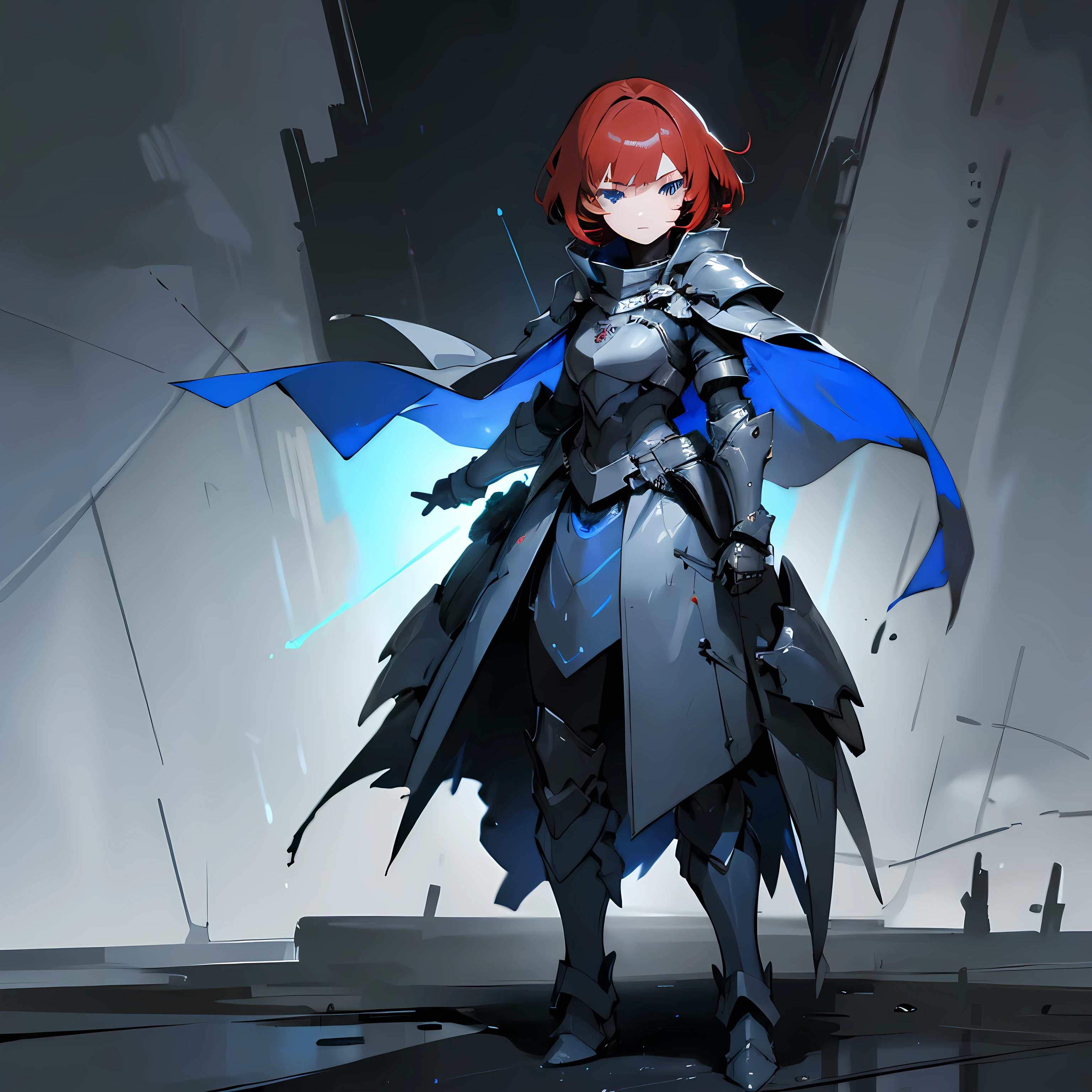 advance armored girl, Gray hood and cloak, dark space battlefield background, Heavy rain, short red hair, Beautiful eyes glowing blue, (full body shot), The simple armor plate had blue glowing lines., gloomy environment, Highly detailed face, Mask in advance, fierce war,