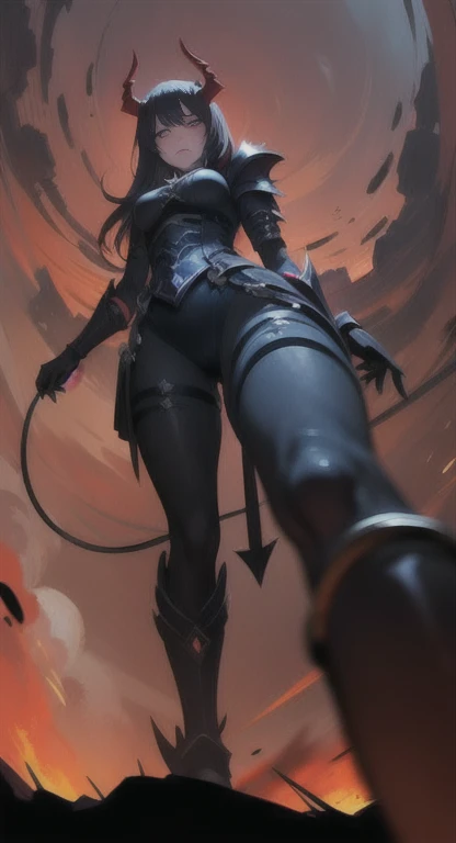 Hell fortress life, demon empress, Daria,

Glaring at Viewer, From below, Focus, 
Red sky, battlefield,
​masterpiece, top-quality, Anatomically correct, SFW,
POV, imperial armor,