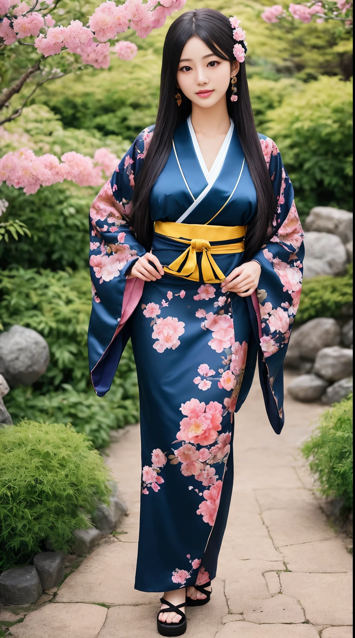 最high quality、high quality、Best image quality、8k、最High resolution、High resolution、最high quality、masterpiece、RAW Photos、whole body写真、Detailed and realistic human body、Detailed and realistic skin、Realistic face in every detail、Detailed and realistic eyes、Detailed and realistic lips、Detailed and realistic teeth、Detailed and realistic ears、Detailed and realistic hair、Realistic reproduction of every detail、細部までリアルなreferenceする、((Perfect and beautiful5referenceする(親referenceする1reference4))、Realistic feet down to the last detail、((Beautiful Japanese Girl))、(Japanese Model)、((18 year old beautiful girl))、(Black Hair)、(Straight hair)、((whole body))、((Slim and perfect figure))、(Beautiful and firm breasts)、(whole body光沢肌、Fair skin)、Soft natural light、China dress、kimono、Ninja costume、Japanese tradition、Japanese garden、((Colorful see-through(Floral Ninja Costume))、((Natural forms in the garden(Make your thighs look beautiful))