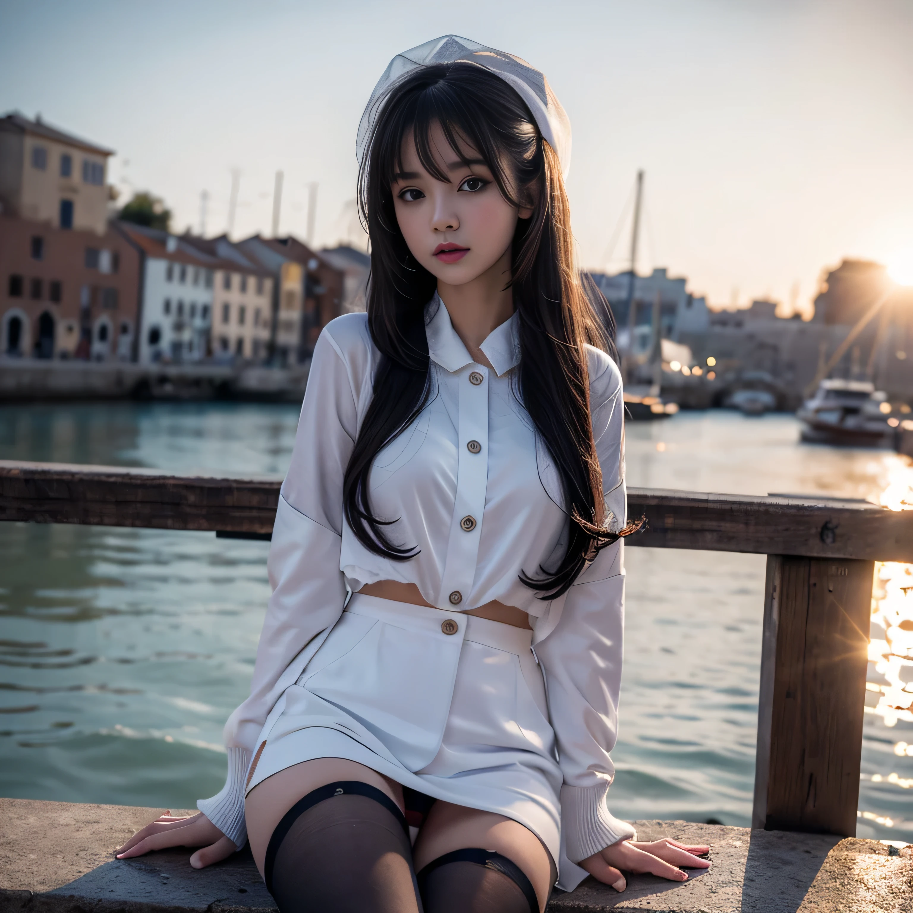 Medium shot, medium shot, depth of field, bust, upper body, cinematic angle, masterpiece, best quality, super detailed, CG, 8K wallpaper, pretty face, delicate eyes, a maiden, solo, white long hair, yellow eyes, hairpin, white shirt, black hooded jacket, black baseball cap, black stockings, black over-the-knee boots, show her panty cameltoe, sunset, medieval port, harbor, detailed water surface, sun reflection