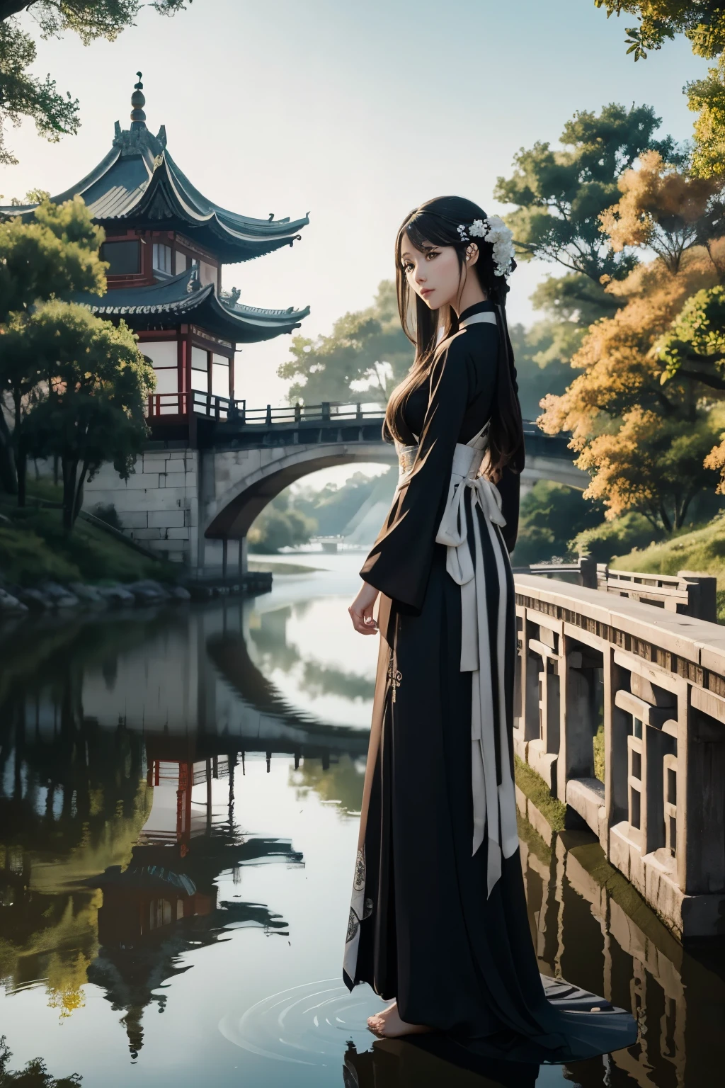 watercolor,(:A woman standing on the bridge....:13),barefoot,Hanfu,Chinesedress,arch bridge,..,Beautiful anime scene,Reflections on the water,magpie,Black and white evening dress,Beautifully,Max Quarley,(masterpiece:1,2),Best quality,masterpiece,The original,Very detailed wallpaper,Perfect lighting,(Very detailed CG:1.2)Very long-range images with clear facial details, turn around, Can't see the face.
