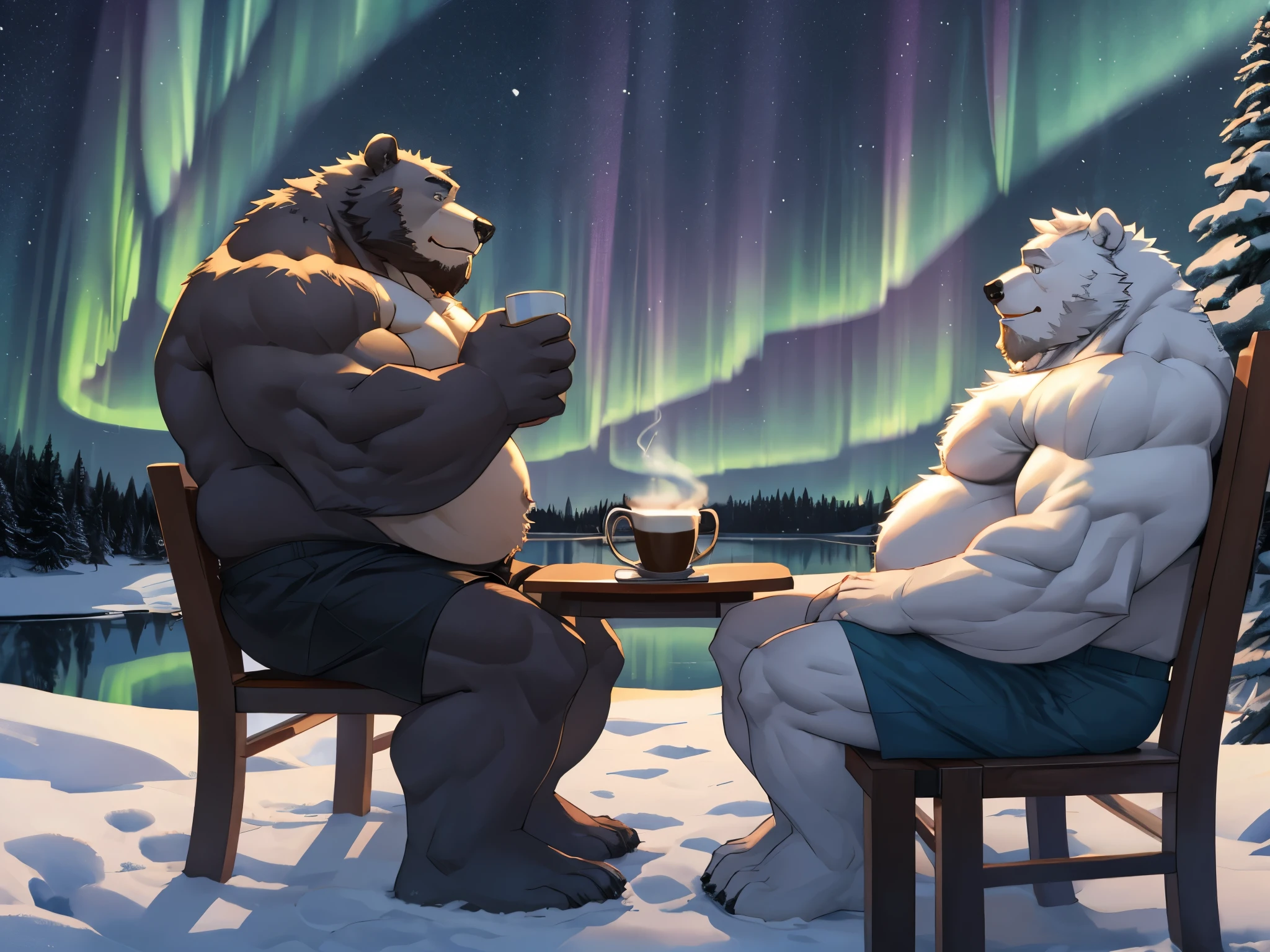 huge muscular and fat sitting in wood chair and enjoying hot coffee, big belly, snow, long beards, old man, (furry bear), shirtless, topless, white bear, polar bear, lake, shirtless, shorts, night, aurora borealis, side view