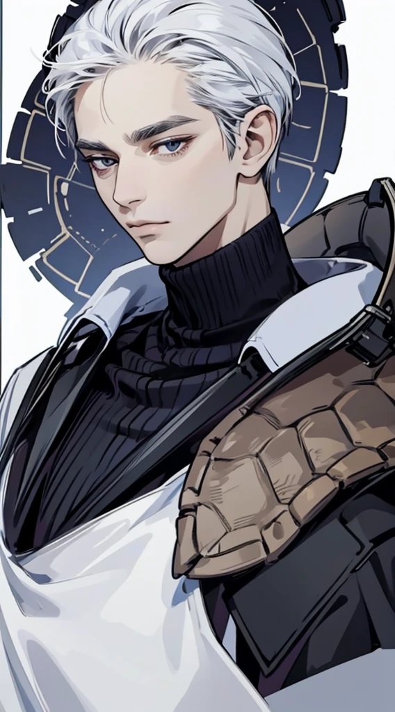 1man, Face Focus, [[[[[[[A old man]]]]]]], frontage,[[[Standing Picture]]],[[[[full bodyesbian]]]],jaket、turtle neck,top-quality, adopt, A detailed face, simple background、white backgrounid、[[[White hair]]]、[[[black eyes]]]、Straight face
