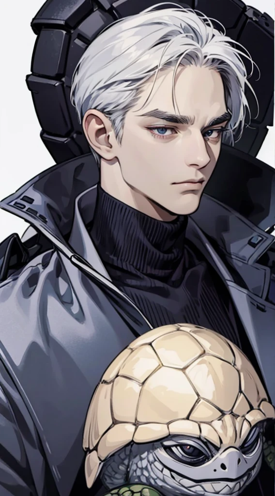 1man, Face Focus, [[[[[[[A old man]]]]]]], frontage,[[[Standing Picture]]],[[[[full bodyesbian]]]],jaket、turtle neck,top-quality, adopt, A detailed face, simple background、white backgrounid、[[[White hair]]]、[[[black eyes]]]、Straight face