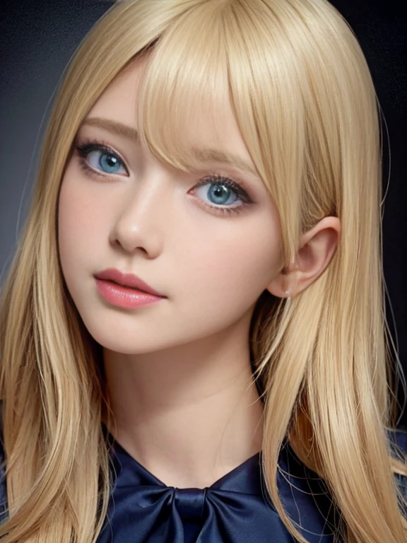 Best quality,8k, High Resolutions, Masterpiece:1.2), Ultra detailed, realistic, portrait, girl, 30 years old, Russian, blonde hair, detailed eyes, detailed lips, perfect smile, look at camera, short dress Navy Blue, Beautiful Detail Description, Studio Lighting, Vivid Colors, Sharp Focus, Physically Based Rendering, Medium: Glossy Oil Painting Style, Soft Brush Strokes, Subtle Texture, Bokeh