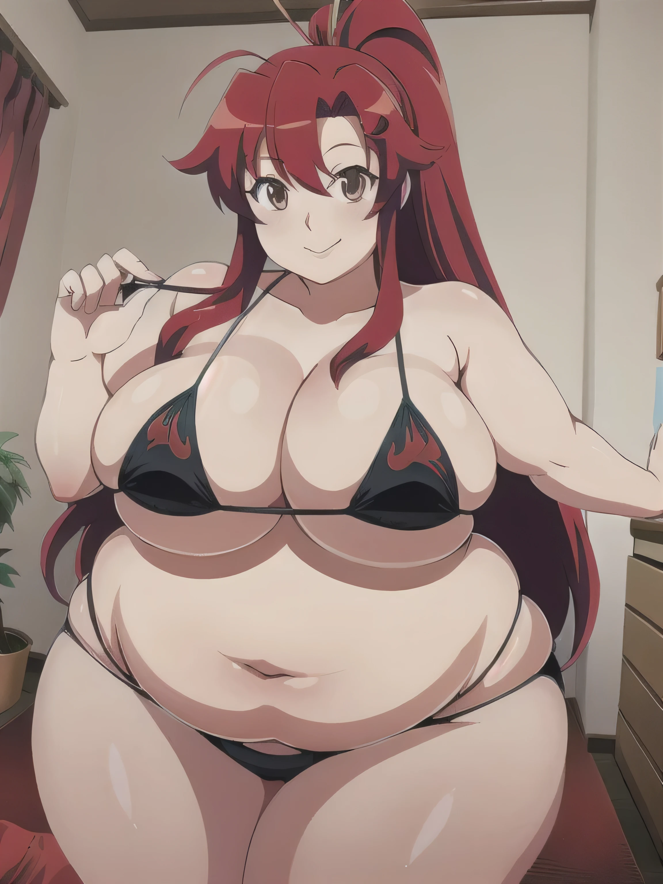 Artist: Tritinity-Fate, Yoko Littner, big breasts, doughy belly, red hair, bbw, looking at viewer, bedroom, bikini, fat girl, fat rolls, very obese, pov, getting very fat, fat like a whale