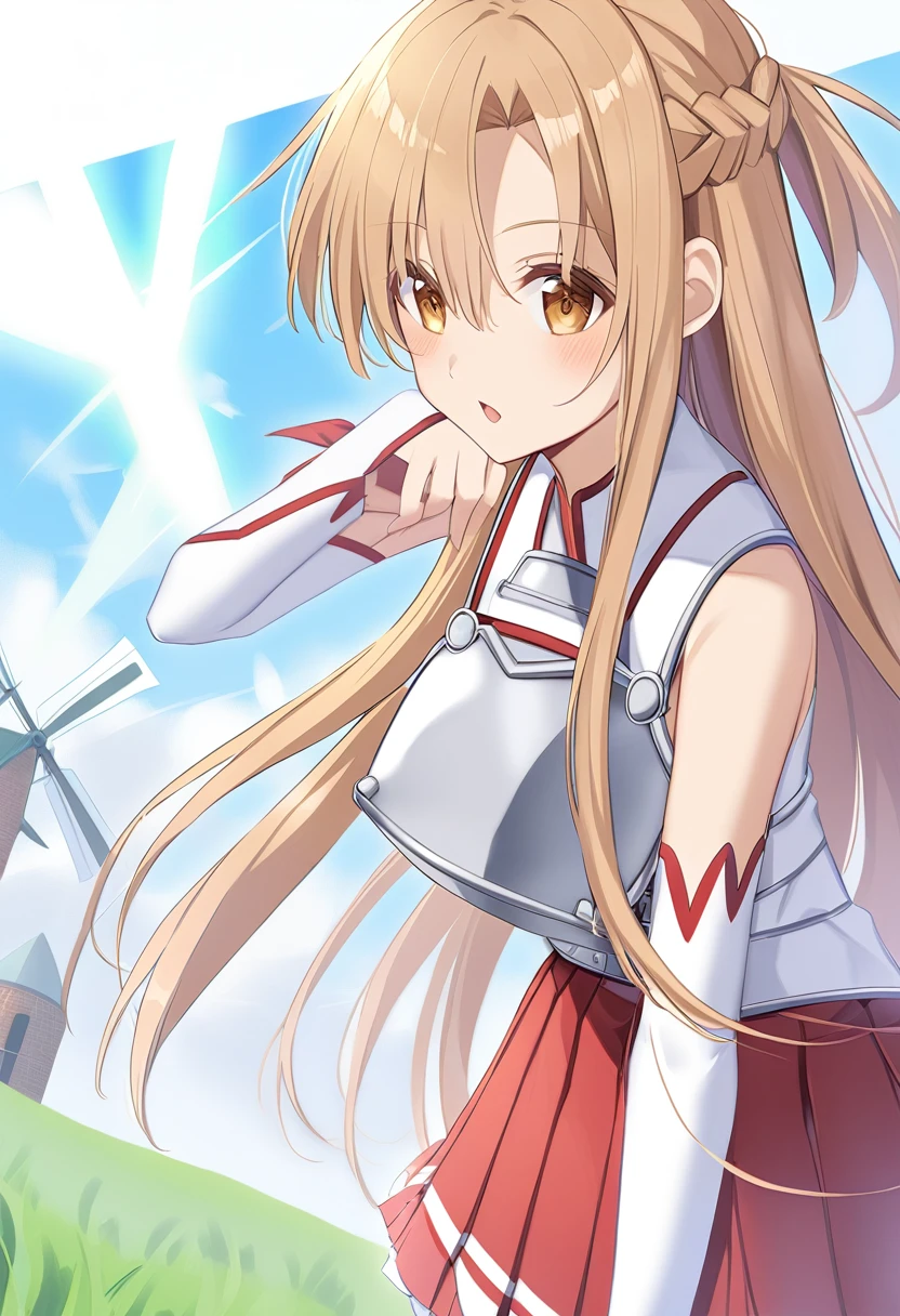 Asuna_\(star\), length_hair, skirt, red_skirt, independent_sleeve, windmill, white_Knee socks, Brown_hair, Brown_eye, breastplate, alone, Pleats_skirt, miniskirt,white_belt