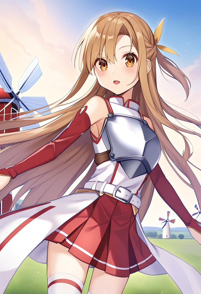 Asuna_\(star\), length_hair, skirt, red_skirt, independent_sleeve, windmill, white_Knee socks, Brown_hair, Brown_eye, breastplate, alone, Pleats_skirt, miniskirt,white_belt