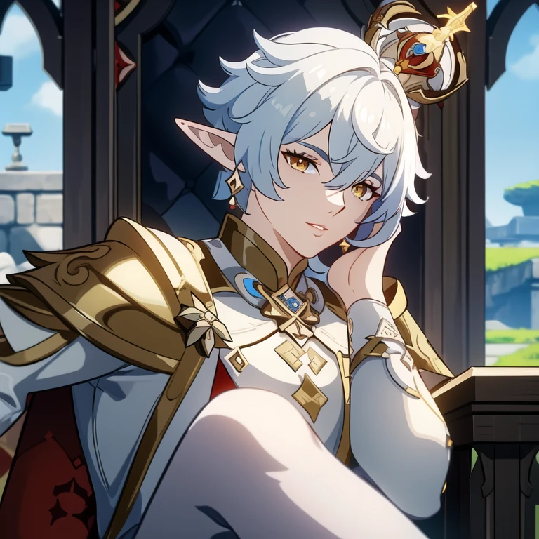 (Masterpiece), (Best quality), (((1male))), Short hair, white hair, solo, short feathered pixie haircut, HD quality, (((High Resolution))), orange-gold eyes, elf, pointy ears, wears soft red eyeshadow, golden earrings, crown, pale skin, white royal clothes, (juicy lips), lushes lips, lean but has some muscles, (male focus), sitting on luxurious throne, perfect eyes, (perfect hands:1.1), (close up:1.3), (RPG style of genshin impact), ((RPG style of genshin impact)), (((Genshin impact screenshot:1.3))), (genshin impact shaders), detailed RPG shaders