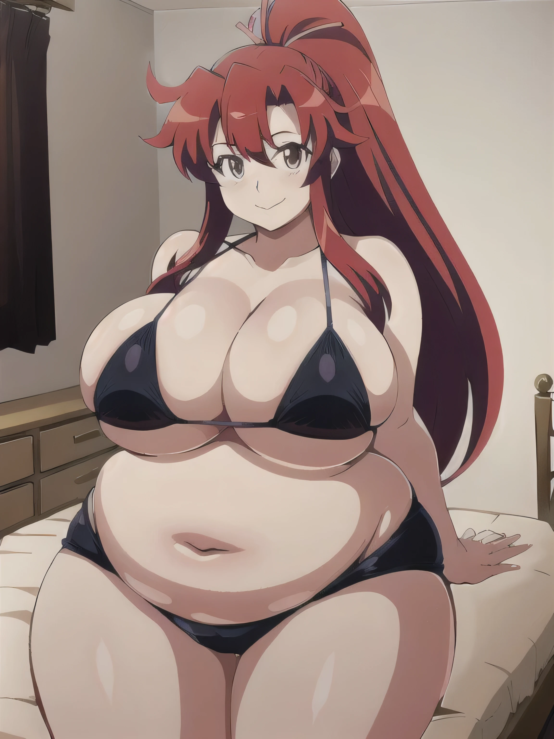 Artist: Tritinity-Fate, Yoko Littner, big breasts, doughy belly, red hair, bbw, looking at viewer, bedroom, bikini, fat girl, fat rolls, very obese, pov, getting very fat, fat like a whale