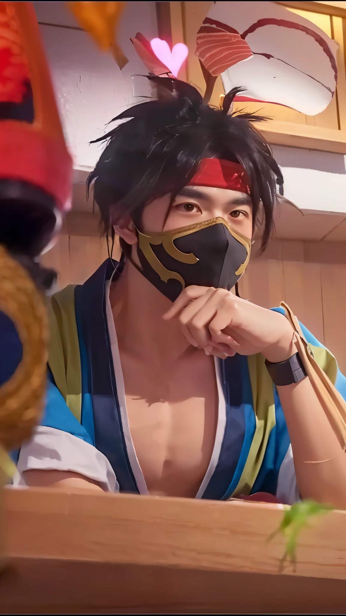 A close-up of a masked boy, a ninja in a handsomely draped bandana, with a traditional Japanese restaurant in the background, serving authentic cuisine. (best quality, highres, ultra-detailed), vivid colors, realistic lighting, traditional brushstroke style, cherry blossom color palette, bamboo accents, elegant sliding doors, intricate wooden beams, tatami mats, bustling atmosphere, ippin (appetizers), sashimi platters, sushi chef preparing delicacies, steam rising from bowls of ramen, teppanyaki grills sizzling with mouthwatering aromas, a serene koi pond, decorative origami cranes, sake barrels, bustling staff in traditional attire, patrons enjoying a relaxing meal, the boy's eyes conveying curiosity, the ninja's stealthy gaze, both immersed in the rich cultural ambiance.